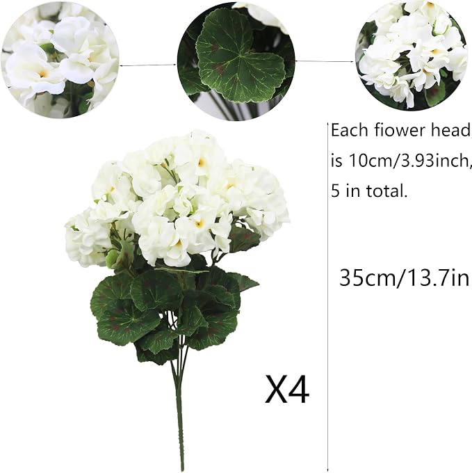 CISDUEO 4 Pcs Artificial Geraniums for Outdoors Silk Flowers Outside White | Faux Flowers Geraniums for Outdoor Planter Floral Home Decor Indoor Garden Patio Grave Cemetary Vase Table Centerpiece
