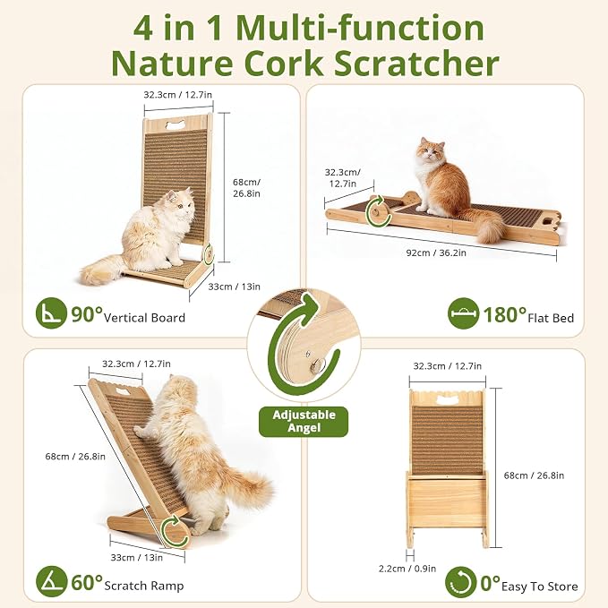 4-in-1 Adjustable Cat Scratch Pad, Nature Cork Scratching mat, 32 inch Foldable Wooden Post. Easy Install, Durable Design for Indoor Cats