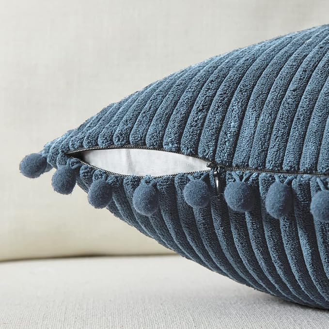 Fancy Homi Pack of 2 Dusty Blue Decorative Throw Pillow Covers 20x20 Inch with Pom-poms for Living Room Couch Bedroom, Soft Corduroy Solid Square Cushion Case 50x50 cm, Rustic Farmhouse Home Decor