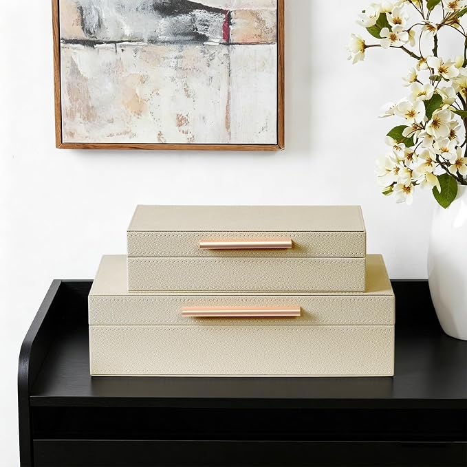 Decorative Box, Decorative Boxes with Lids 2-Set, Memory Box for Keepsakes | Beautiful PU Leather Decorative Storage Boxes in Style, Decor Box with Rose Metal Handle, Store Photos, Documents Beige