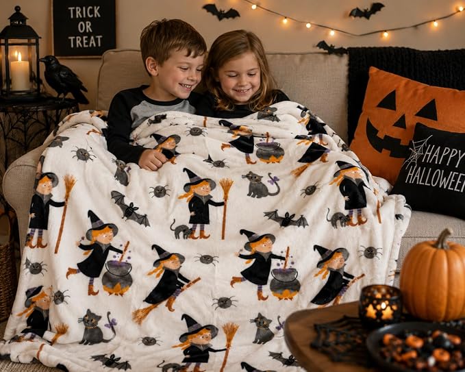Halloween Ghost Fleece Throw Blanket, Cute Witch Girl, 50x70 oversized | Ultra-soft cozy flannel fleece, for sofa bed couch chair & dorms, spooky Halloween décor, durable and machine washable.