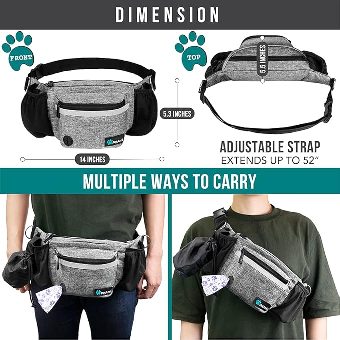PetAmi Dog Fanny Pack, Treat Pouch for Dog Walking Training, Light Gray | Built in Poop Bag Dispenser, Water Bottle Holder, Collapsible Bowl, Pet Treat Waist Belt for Hiking Running Kibbles