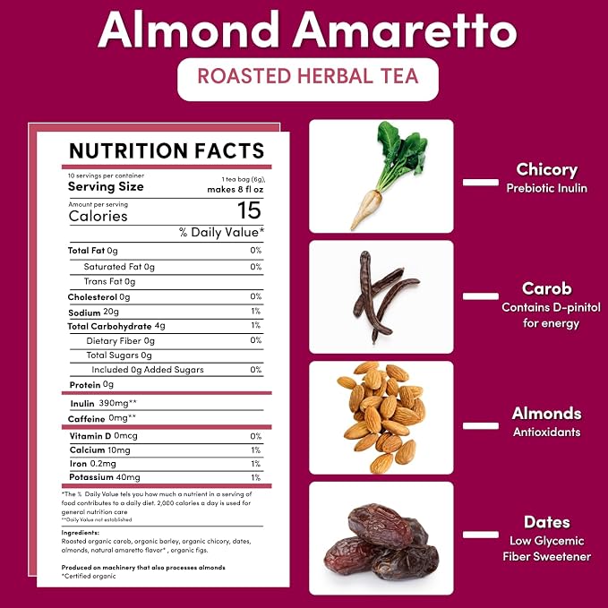 Teeccino Herbal Tea - Almond Amaretto - Rich & Roasted Herbal Tea That's Caffeine Free & Prebiotic for Natural Energy, 10 Tea Bags