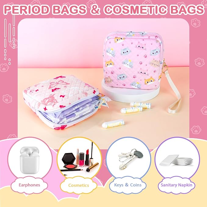 Likesing Tampon Holder for Purse, Quilted Period Bag Sanitary Napkin Storage Bag for Girls Womens, Portable Feminine Emergency Pad Period Pouch(Pink Cat)