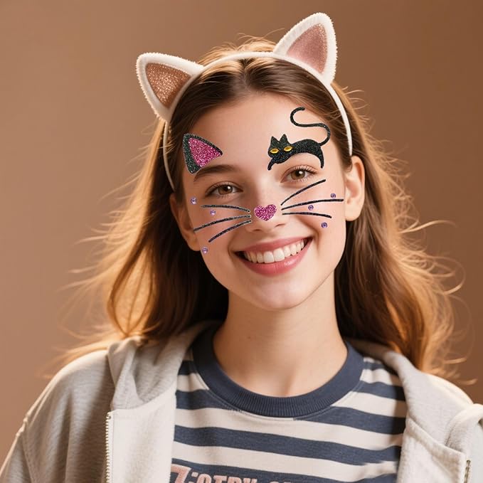 Cat Glitter Face Tattoo Stickers for Kids - - Temporary Body Art Makeup for Halloween, Cosplay, Birthday Party, Festival -Waterproof Fake Tattoo Stickers - 2Pcs (Animal Design)
