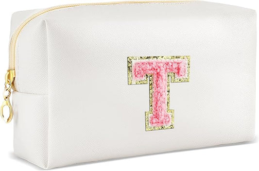 URSKYTOUS Initial Makeup Bag Personalized Preppy Travel Small Cosmetic Bag Cute PU White Chenille Letter Makeup Pouch for Purse Waterproof Zippered Toiletry Organizer for Women Girls Kids Friends (T)