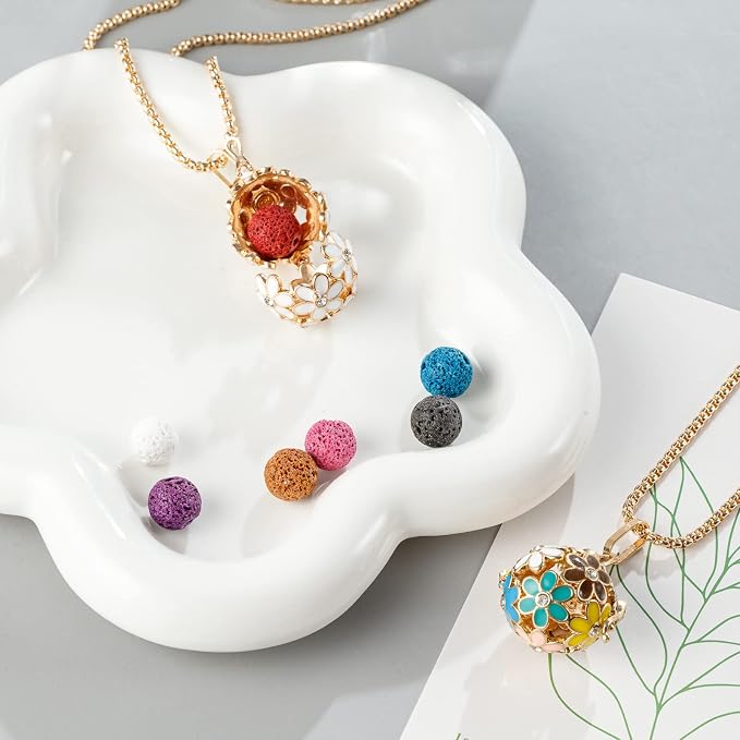 Essential Oil Diffuser Necklace Pink Chrysanthemum Rhinestones Copper Aromatherapy Pendant Locket with 7pcs Lave Rocks Stone and 2pcs 27 Inch Gold Chain Jewelry for Women TeenGirls