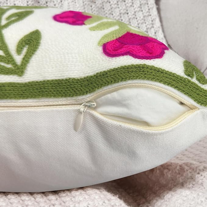 Alysheer Flower Embroidered Summer Decorative Lumbar Throw Pillow Cover 12"x 20", Farmhouse Cottage Hot Pink Floral Green Leaves Patterned Cotton Canvas Cushion Case for Sofa Couch Bed Living Room