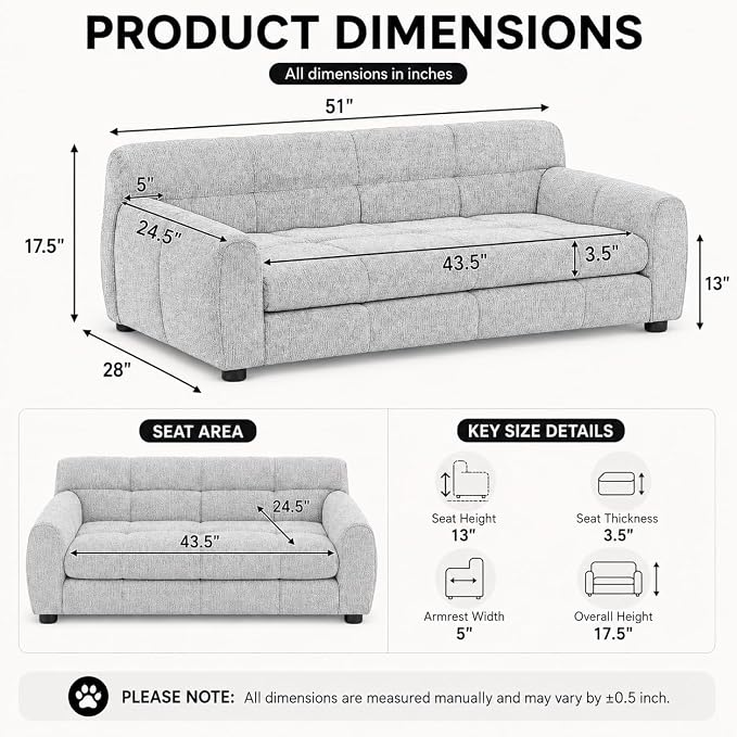51"×28" Large Dog Sofa, for Large & Extra Large Dogs | Detachable Cushion | Reinforced Low Base|Non-Sagging |Breathable Linen Fabric | Soft Cushion | Armrest & Backrest | Blue