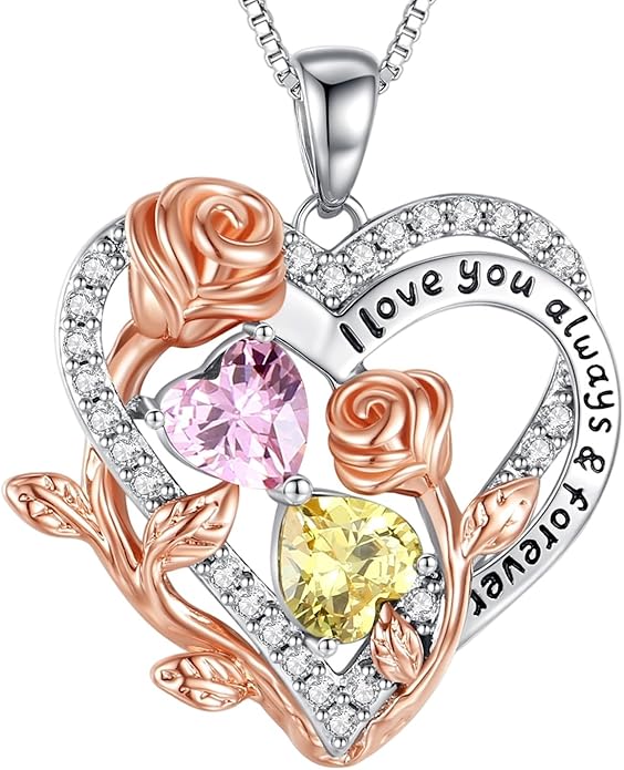 I Love You Birthstone Necklace, 925 Sterling Silver Heart Pendant with CZ Diamond Stones, Birthday Gifts for Women, Romantic Gift for Wife, Girlfriend, Her, Anniversary, Valentine's Day, Christmas
