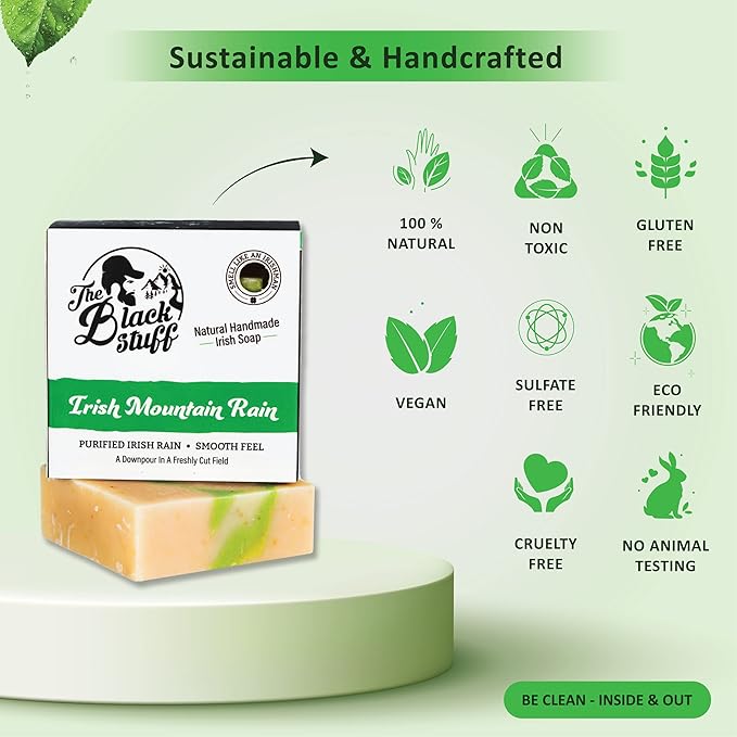 The Black Stuff All Natural Bar Soap for Men Handmade Cold Process Soaps with Organic Ingredients and Essential Oils - Mens Soap for Daily Use, Irish Mountain Rain Body Soap