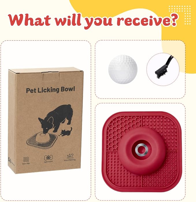 Slow Feeder Dog Bowls & Lick Mat for Liquid and Thick Treat, Anti-Slip Dog Lick Bowl with Interactive Rolling Ball, 5/6 Cup Pup Licking Toy for Large Medium Small Dogs and Cats-Large Red