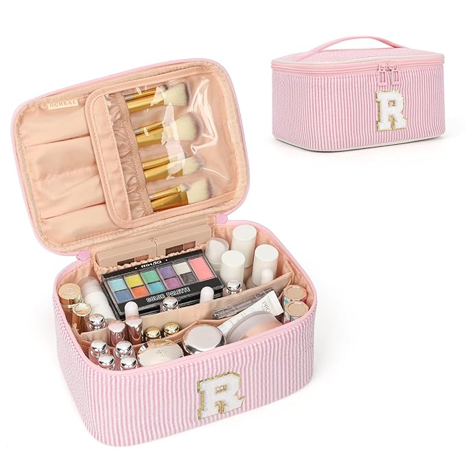 OCHEAL Makeup Bag Valentines Day Gifts for Women, Monogram Cosmetic Bag Pink Travel Makeup Case Beauty Toiletry Bag Organizer Personalized Gifts for Girls Bridesmaid, Sister, Wife, Friends Initial R