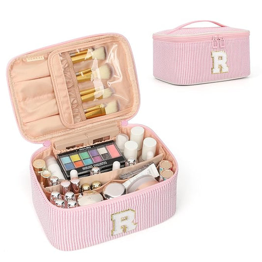OCHEAL Makeup Bag Valentines Day Gifts for Women, Monogram Cosmetic Bag Pink Travel Makeup Case Beauty Toiletry Bag Organizer Personalized Gifts for Girls Bridesmaid, Sister, Wife, Friends Initial R