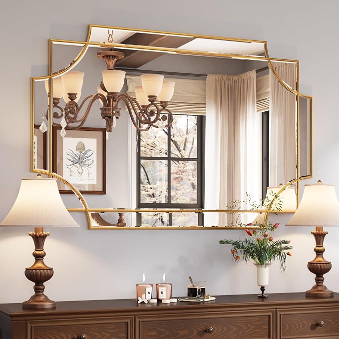 Kelly Miller 32"x48" Gold Foil Scalloped Edge Decorative Vanity Wall Mirror | Hand-Applied Gold Foil Finish. HD Mirror With French Cleat. Elegant Beveled Wall Mirror Decor For Bathroom Bedroom Entryway.