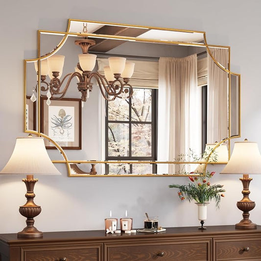 Kelly Miller 32"x48" Gold Foil Scalloped Edge Decorative Vanity Wall Mirror | Hand-Applied Gold Foil Finish. HD Mirror With French Cleat. Elegant Beveled Wall Mirror Decor For Bathroom Bedroom Entryway.