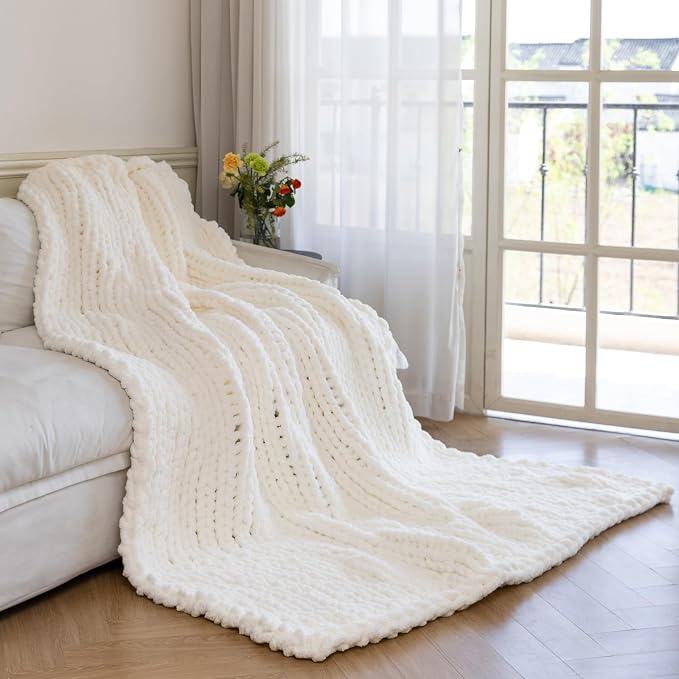 Chunky Knit Blanket - Luxury Soft Cozy 40 * 50 Throw Blanket,100% Woven Blanket Rope Knot Throw Blanket for Couch, Sofa, Home Decor, Gift - Machine Washable (Ivory White, 40 * 50)
