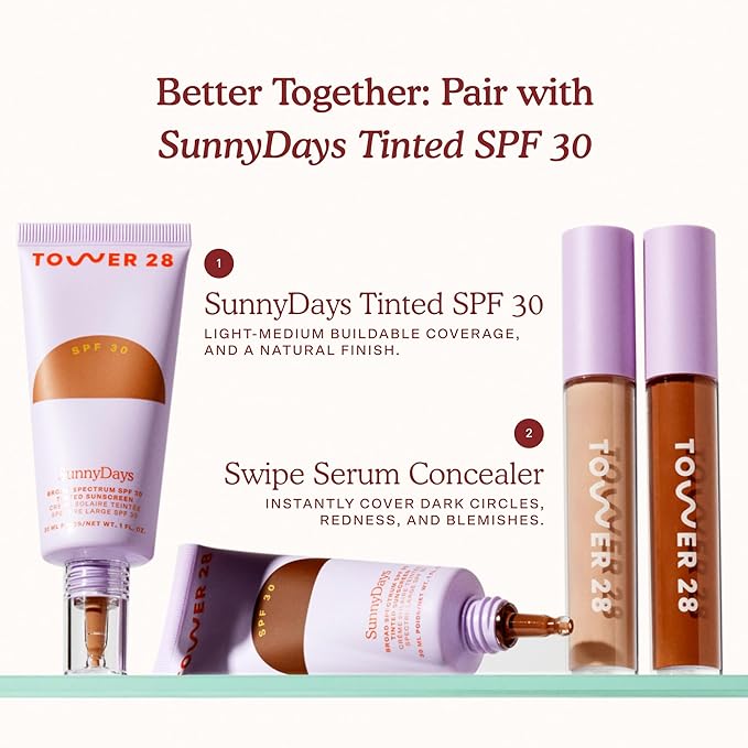 Tower 28 Beauty Swipe Serum Concealer - Hydrating Buildable Medium-Coverage Concealer with Skincare Benefits for Sensitive Skin - Shade 14 PV, Deep Tan with Golden Undertones, 0.22 Fl Oz