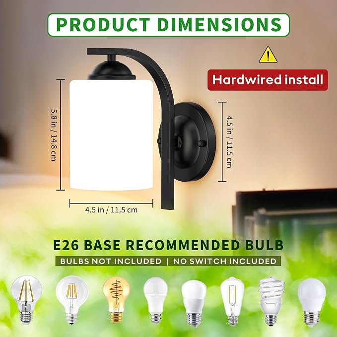 Wall Sconces Lights for Bedroom Bathroom, Modern Vanity Light Fixtures, Matte Black Farmhouse Wall Mount Lighting, Hardwired Wall Lights with Glass Shade for Living Room Mirror Hallway