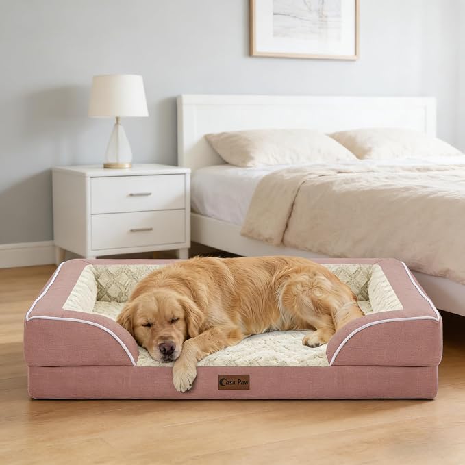 Orthopedic Washable Dog Bed for Medium Dogs, 35x22in, Pink | Orthopedic Foam Eases Joint Pressure, Bolsters Supports Head And Neck, Washable Pet Beds, Removable Cover, Non-Slip Bottom