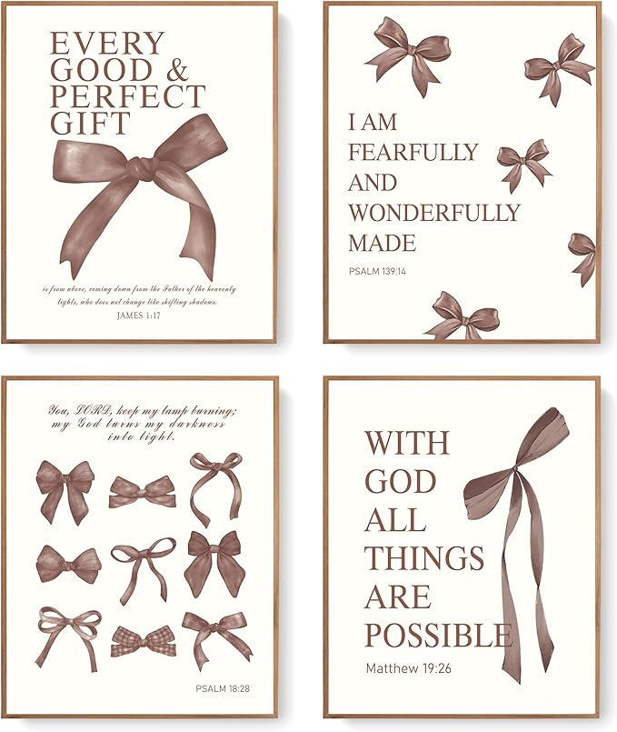 LARTSFRO Coquette Brown Bow Wall Art Decor Posters, Chocolate Brown Bow Room Bedroom Bathroom Dorm Wall Art Decor Aesthetic for College Teen Girls Gifts, Inspirational Bible Verses Bow Wall Decor, 10x8 Inch Set of 4 Pcs Bow Pictures (UNFRAMED)