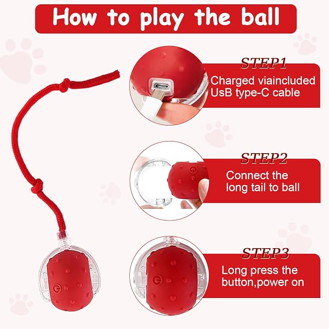 Interactive Cat Toys Smart Ball for Cats & Dogs! Now with 2 Rapid Tails. Features: 360°Auto-Rolling, Motion Activation& Bird Sounds. Perfect for Indoor Pet Exercise & Fun. (Red＆Blue)