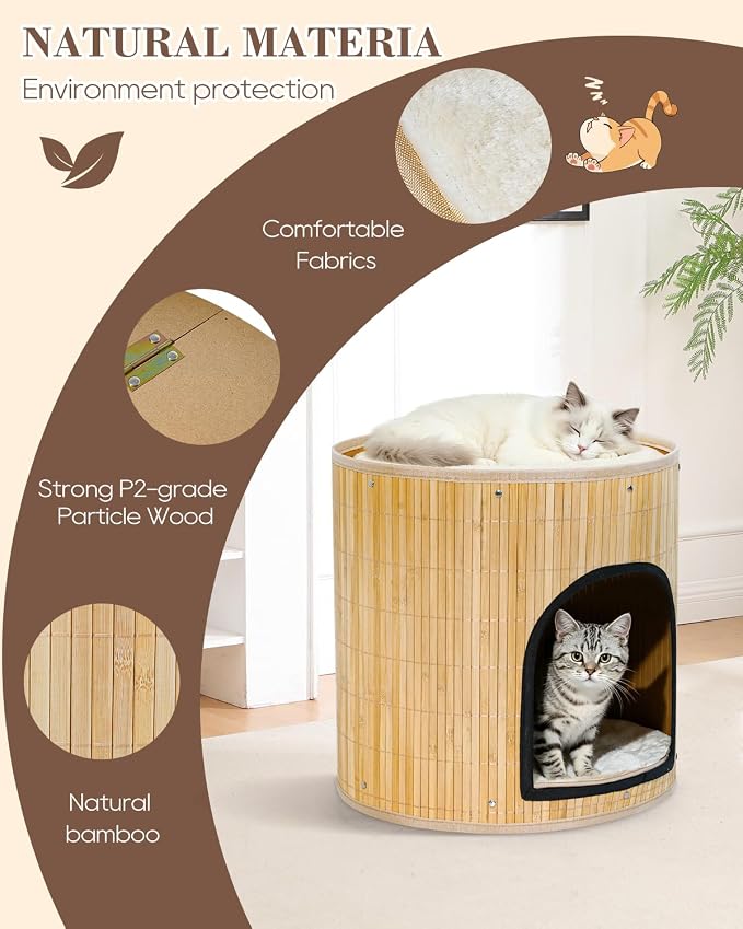 SYANDLVY Large Cat House, Kitten Condo with Bed for Indoor Cats, Portable ﻿ | 2-Tier Foldable Natural Bamboo Cave with Double-Sided Cushion, 15.5"x15.7" Washable Kitten Hideout