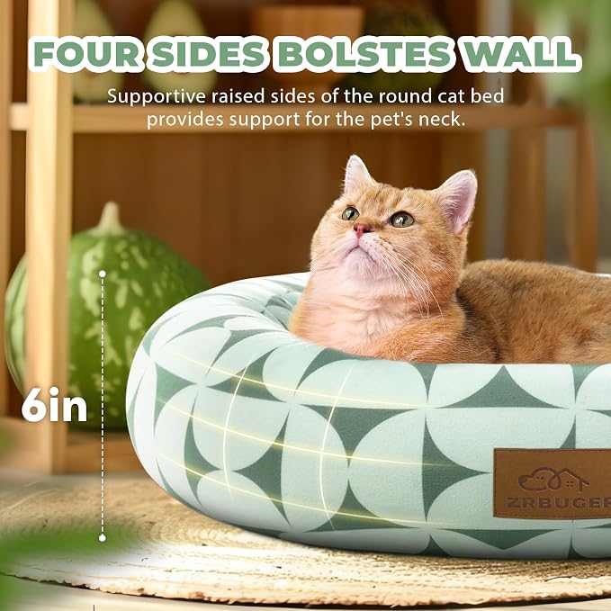Zerbuger 20in Green Pattern Round Dog Bed Sofa for Dogs Cats, Washable | for Small/Medium/Large Dogs Cats, Foam Pet Couch with Removable Mat Non-Slip Bottom, Pet Cuddler for Indoor/Outdoor/Car/Cage