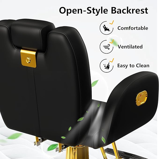 Baasha Ergonomic Black & Gold Salon Chair - 135° Reclining All Purpose Hydraulic Hair Chair for Hair Styling, Braiding, Makeup, Washing & Men's Shaving - 440 lbs Cap.