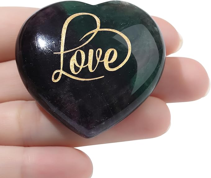 ZHIYUXI 45mm Fluorite Crystal Engraved Heart Crystal Stone Healing Gifts Gemstones Heart Rocks Polished Stones Fluorite Gem Meditation Gifts for Women Men Reiki Energy Balance