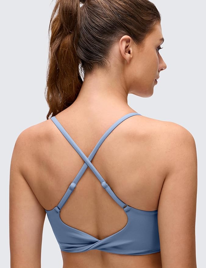 CRZ YOGA Butterluxe Twist Cross Back Sports Bras for Women - U Neck Padded Adjustable Spaghetti Straps Yoga Top
