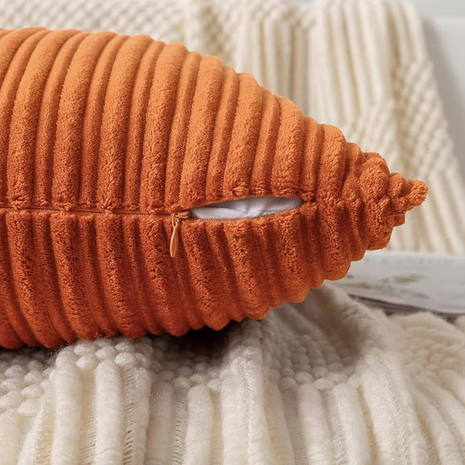 UGASA Fall Velvet 12x20 Inch Lumbar Soft Throw Pillow Cover Boho Farmhouse Decorative Corduroy Striped Both Sides Solid Rectangular Cushion Case for Couch Bedroom Sofa Home, 1 Piece, Dark Orange