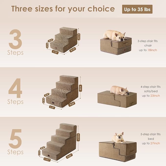 EHEYCIGA Dog Stairs for Small Dogs 13.5" H, 3-Step Dog Steps for Cats, Camel