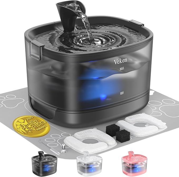 Veken 85oz/2.5L Cat Water Fountain with Detachable Tank & Secure Clips | Easy to Clean & Assemble, Quiet Operation & LED Light, Pet Drinking Dispenser, Gifts, Cats, Dogs and Small Pets, Black