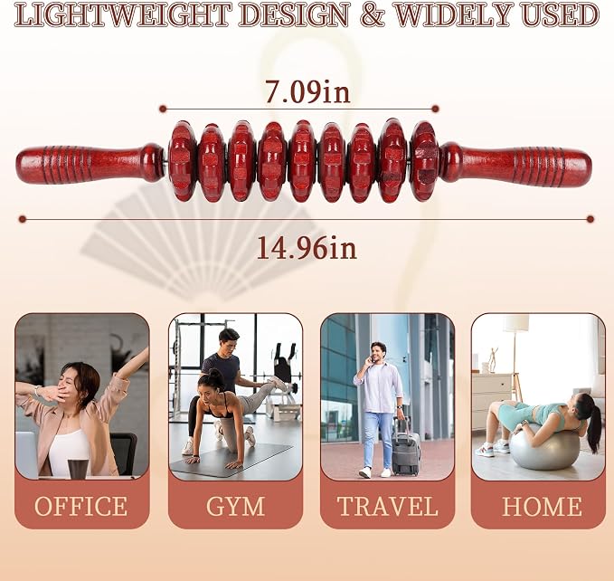 Liitrton Manual Wooden Fascia Massage Roller Trigger Points for Release Cellulite Sore Muscle Blasting (Red straight-9-Wheel)