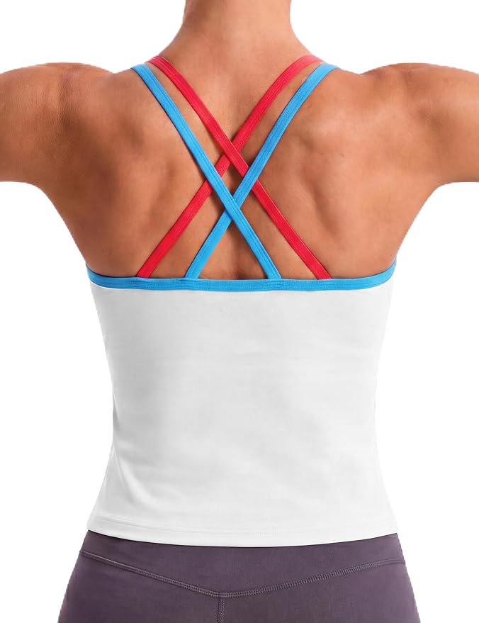 BMJL Workout Tank Tops Women Color Block Built in Bra Tops Cross Back Gym Yoga Running Shirts