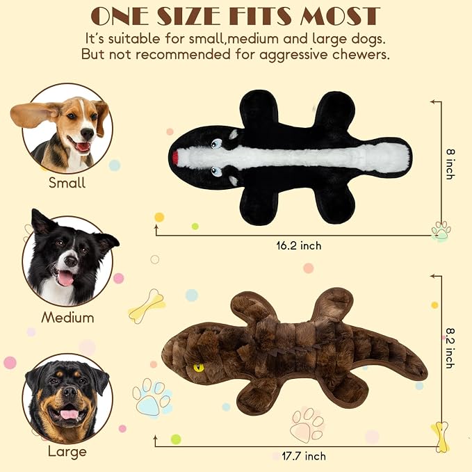 No Stuffing Dog Squeak Toys, 2 Pack Chew Toys with Crinkle to Keep Them Busy, Plush Puppy Teething Toys for Indoor & Outdoor Play, Best Birthday Gift for Large Breed