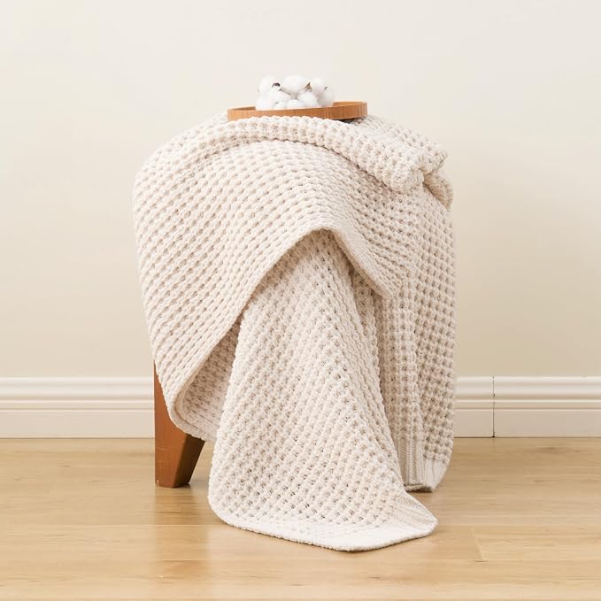 Cream White Throw Blanket for Couch Bed, Waffle Knit Throw Blanket 60"x80" | Ivory Chunky Chenille Throw Blanket, Modern Farmhouse Knitted Blankets, Warm Decorative White Blanket Throw for Home Decor