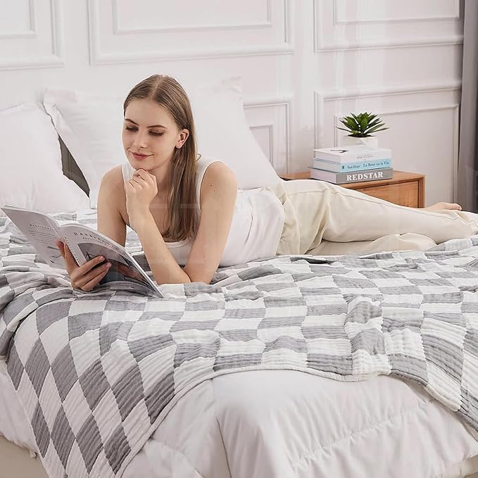EMME Cooling Muslin Twin Blanket - Checkered Lightweight Summer Cotton Blankets of Rayon Derived from Bamboo for Hot Sleepers, Soft Breathable All Season Gauze