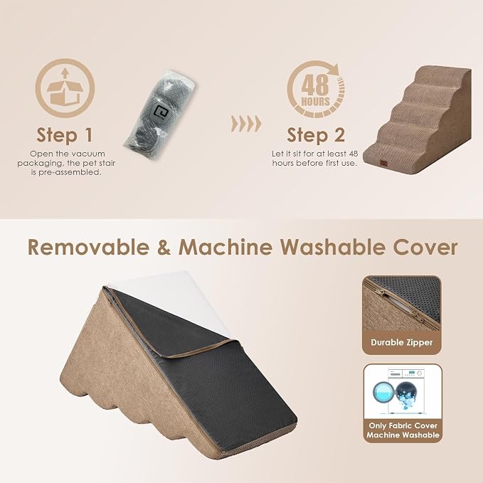 EHEYCIGA Curved Dog Stairs Ramp, 5-Step Extra Wide High Beds, Dog Steps | 33D density of pure foam, for Small Dogs and Cats, Pet Stairs for High Bed Climbing, Non-Slip Balanced Indoor, Camel