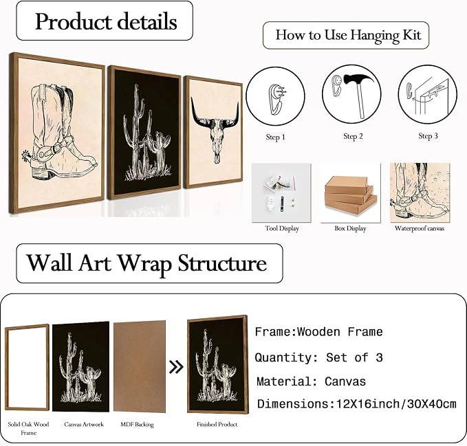 Vintage Western Wall Art Set of 3, Southwestern Cowboy Wall Decor Paintings, Black and White Longhorn Bull Skull Canvas Prints for Bedroom Living Room 12x16 inch Wood Framed