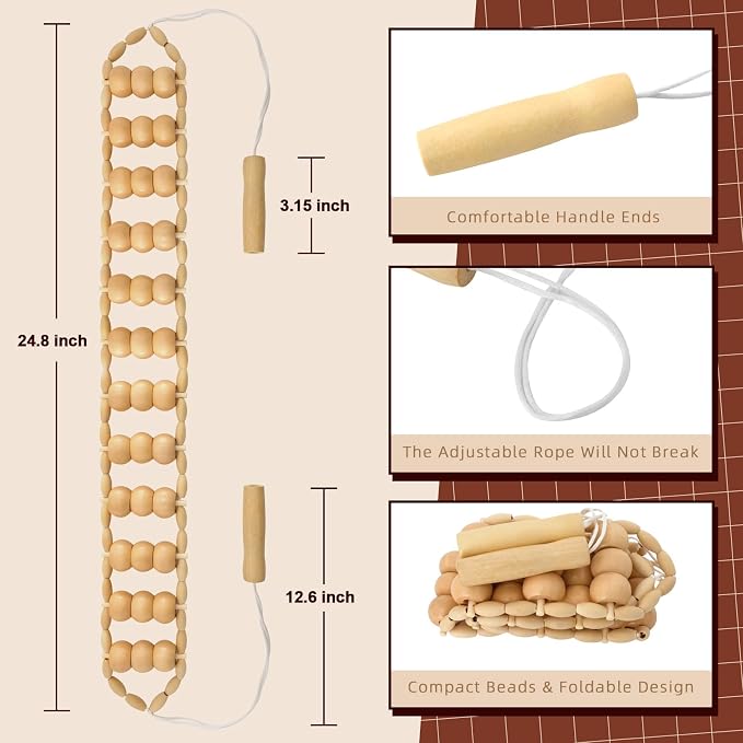 Wood Therapy Massage Tools, Wood Back Roller – Wooden Massage Roller Rope Maderoterapia Kit for Deep Tissue Relief,