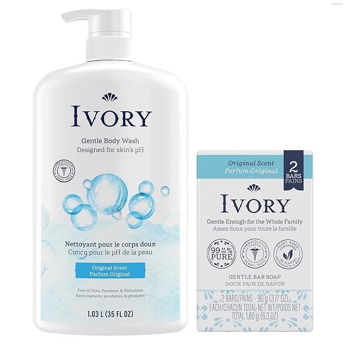 Ivory Body Wash + Gentle Bath Bar Soap (2 Count) Bundle Designed for the Whole Family, Original Scent, Gentle Formula, Made Without Heavy Perfumes, Parabens, or Phthalates, 35 oz & 3.17 oz (Pack of 2)