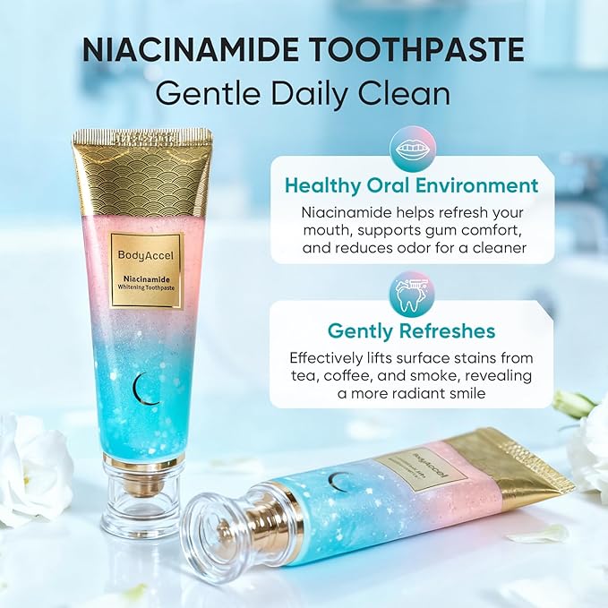 BodyAccel Niacinamide Whitening Toothpaste – Natural Whitening Toothpaste with Niacinamide, Gentle Formula for Brighter Teeth & Fresh Breath, 3-Pack (3)