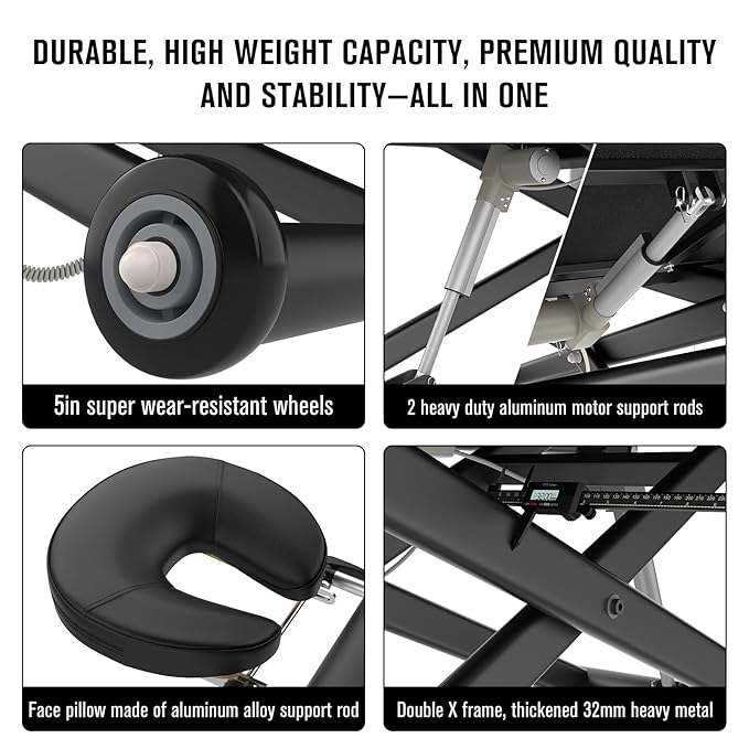 pouseayar Heavy Duty Electric Massage Table, 32" x 75" Black, Electric Lift & Backrest, 2 Motor Adjustable, Supports Up to 1000 lbs