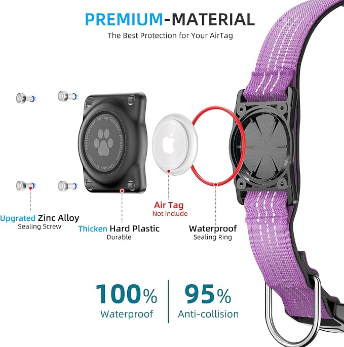 Upgrade Dog Collar with AirTag Holder, IP68 Waterproof, Purple, S | Built-in Water Resistant AirTag holder, 1000D Nylon, Reflective Stitching for Night Visibility, Soft padding for Comfort