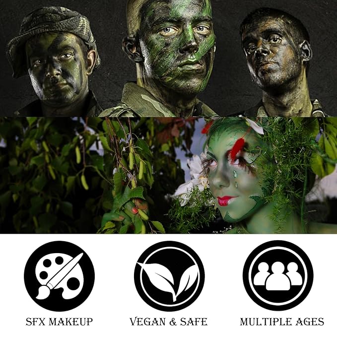 Black Brown Green Face & Body Paint - Blendable Facepaint Foundation with Sponge & Brush for Skin, Professional Halloween Face Make-up Kit for Camo Hunting Army Military Deer Camouflage Dirt Costume