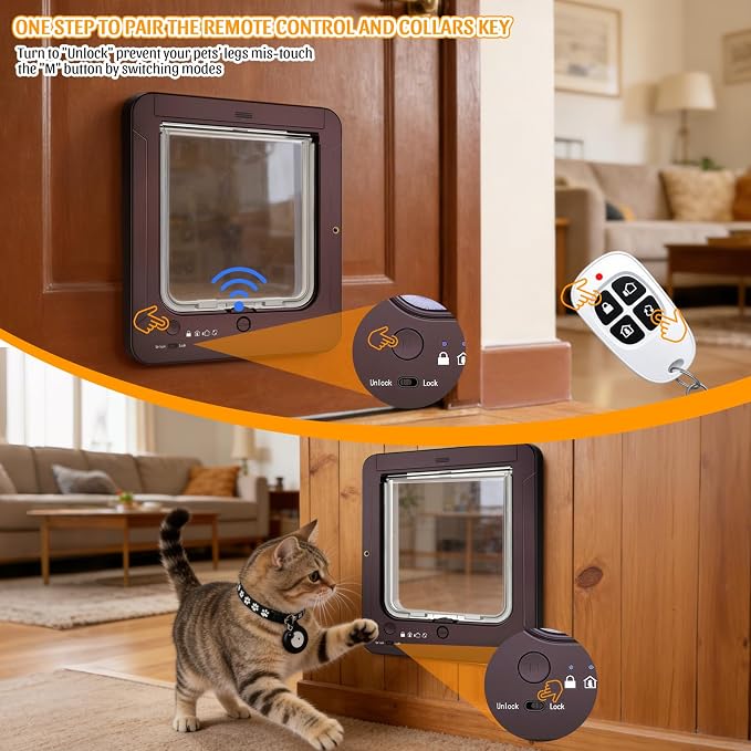 Smart Cat Door with 4 Collar Sensor Key, RFID Cat Door Collar Activated with Remote Control, 4 Way Locking Cat Flap Automatic Pet Door Interior & Exterior(Brown)