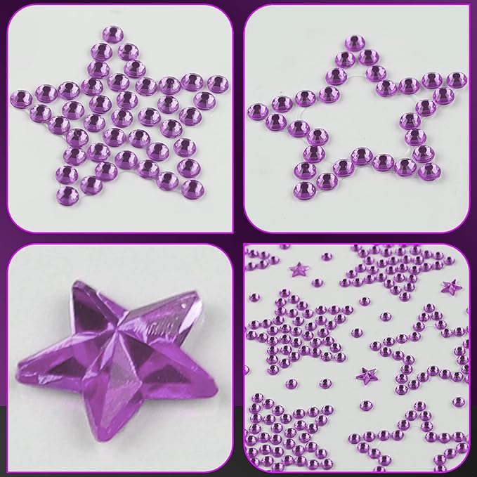 3Sheets Star Gem Stickers Jewels for Crafts, Face Makeup - Self Adhesive Rhinestone Jewel Stickers, Stick on Gems Rhinestones for Crafts, Craft Supplies for Kids (12.Light Purple Star)