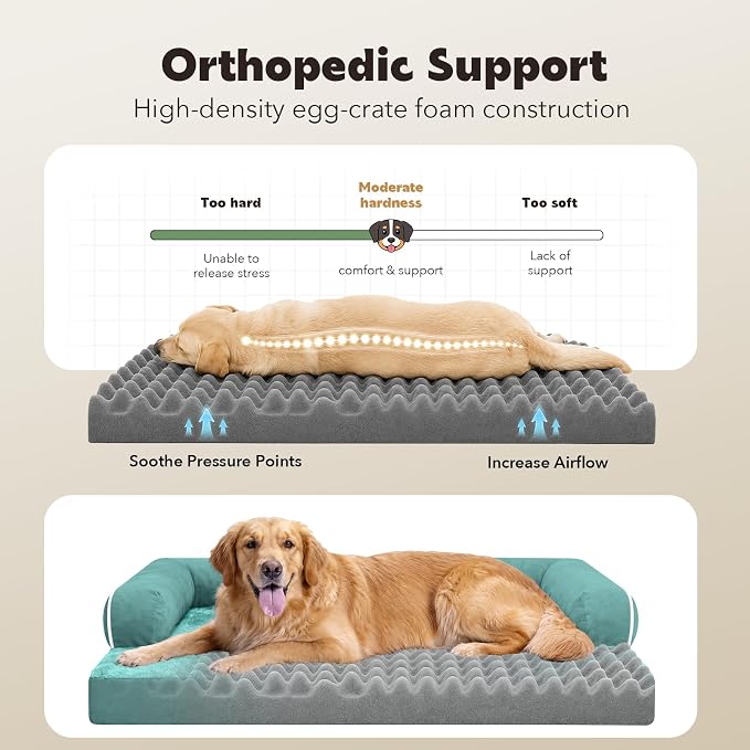 Orthopedic Waterproof Jumbo Dog Bed with Bolster for Extra Large Dogs | Pillow Support for Neck Relief, Egg Crate Foam, Waterproof Liner, Anti-Slip Bottom, Removable Bolster Cover, 53 x 42 Inch
